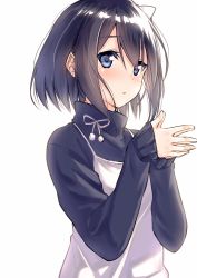 Rule 34 | 1girl, black hair, blue eyes, blue sweater, blush, closed mouth, eyes visible through hair, hair between eyes, long sleeves, looking at viewer, original, own hands clasped, own hands together, short hair, simple background, sleeves past wrists, solo, suzunari shizuku, sweater, upper body, vest, white background, white vest, yuki arare