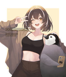 Rule 34 | 1girl, ;d, arknights, bird, black hair, black pants, breasts, camisole, cellphone, cleavage, collarbone, commission, crop top, grey jacket, highres, jacket, long sleeves, looking at viewer, magallan (arknights), medium breasts, midriff, multicolored hair, navel, one eye closed, open clothes, open jacket, open mouth, pants, penguin, phone, short hair, smartphone, smile, solo, spaghetti strap, stomach, streaked hair, upper body, v, velephyr, white hair, yellow eyes