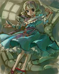 Rule 34 | 1girl, alice margatroid, ama-tou, black eyes, blonde hair, blue dress, blush, capelet, dress, female focus, flats, indoors, looking at viewer, no socks, short hair, solo, sunlight, touhou