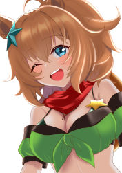Rule 34 | 1girl, ;d, absurdres, armband, bandana, bare shoulders, bikini, bikini under clothes, blue eyes, blush, breasts, brown hair, cleavage, commentary request, gakeumi, green armband, green shirt, hair between eyes, hair ornament, highres, large breasts, looking at viewer, midriff, off-shoulder shirt, off shoulder, one eye closed, open mouth, ponytail, shirt, short hair, short sleeves, simple background, smile, solo, star (symbol), star hair ornament, stomach, swimsuit, taiki shuttle (umamusume), umamusume, upper body, white background