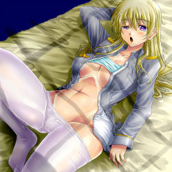 Rule 34 | 1girl, blonde hair, breasts, eila ilmatar juutilainen, feet, gao (naodayo), highres, large breasts, lying, navel, no shoes, pantyhose, purple eyes, solo, strike witches, undressing, uniform, white pantyhose, world witches series