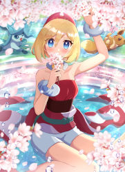 Rule 34 | 1girl, arm up, blonde hair, blue eyes, blush, bracelet, cherry blossoms, commentary request, creatures (company), eevee, eyelashes, flower, game freak, gen 1 pokemon, gen 4 pokemon, glaceon, hair between eyes, hairband, haru (haruxxe), highres, holding, holding flower, irida (pokemon), jewelry, looking at viewer, nintendo, pink flower, pokemon, pokemon (creature), pokemon legends: arceus, red hairband, red shirt, sash, shirt, short hair, shorts, sitting, strapless, strapless shirt, water, water drop