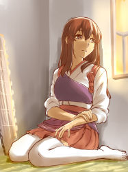 Rule 34 | 10s, 1girl, akagi (kancolle), arm grab, brown eyes, brown hair, female focus, flight deck, hair between eyes, indoors, ishii hisao, japanese clothes, kantai collection, long hair, looking back, looking to the side, muneate, neck, red skirt, room, sitting, skirt, solo, sunset, tasuki, thighhighs, v-neck, wariza, white thighhighs, window