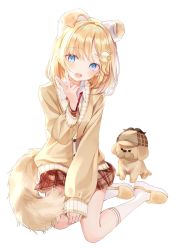 Rule 34 | 1girl, :d, animal, animal ears, blonde hair, blue eyes, blush, collared shirt, commentary, deerstalker, dog, dog ears, dog girl, dog request, dog tail, hair ornament, hand up, hat, hololive, hololive english, kneehighs, long sleeves, looking at viewer, medium hair, miniskirt, nabi (uz02), necktie, open mouth, plaid, plaid skirt, red necktie, red skirt, shirt, shoes, simple background, sitting, skirt, smile, socks, solo, tail, v, virtual youtuber, watson amelia, white background, white shirt, white socks