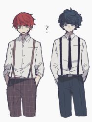 Rule 34 | 2boys, ?, blue eyes, blue hair, brown eyes, collared shirt, cropped legs, expressionless, hands in pockets, jitome, long sleeves, looking at another, looking to the side, maco22, multiple boys, necktie, open mouth, original, pants, red hair, shirt, short hair, sketch, suspenders, sweat, white background