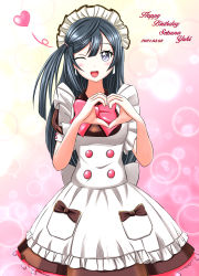 Rule 34 | 1girl, ;), absurdres, apron, artist name, artist request, at-home cafe, back bow, black hair, blue hair, blush, bow, bowtie, breasts, brown dress, brown skirt, dark blue hair, dress, earrings, female focus, frilled apron, frilled shirt collar, frills, grey eyes, hair ornament, hairclip, heart, heart hands, highres, jewelry, long hair, looking at viewer, love live!, love live! nijigasaki high school idol club, maid, maid apron, maid cap, maid headdress, miniskirt, one eye closed, parted lips, pink background, pink bow, plaid, plaid dress, plaid skirt, pleated, pleated dress, pleated skirt, ponytail, puffy short sleeves, puffy sleeves, sho (higashi), sho (shou ma7), short sleeves, shou ma7, side ponytail, skirt, small breasts, smile, solo, white apron, white background, white bow, wink, yuki setsuna (love live!)