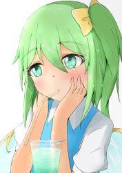 Rule 34 | 1girl, arms up, blue dress, blush, bright pupils, cup, daiyousei, dress, drinking straw, fairy wings, green eyes, green hair, hair between eyes, hair ribbon, hands on own face, head tilt, ice, looking to the side, mizune (winter), mouth hold, pinafore dress, ribbon, shirt, short hair, short sleeves, side ponytail, simple background, sleeveless dress, solo, thick eyebrows, touhou, upper body, white background, white pupils, white shirt, wings