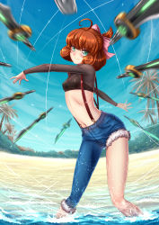 Rule 34 | 1girl, adsouto, ahoge, asymmetrical clothes, beach, blue sky, blush, bow, breasts, brown hair, casual, crop top, curly hair, day, freckles, green eyes, hair bow, highres, looking at viewer, midriff, motion blur, navel, palm tree, penny polendina, rwby, short hair, single pantsleg, sky, small breasts, smile, solo, suspenders, sword, tree, water, watermark, weapon