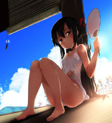 Rule 34 | 1girl, bamboo screen, bare legs, barefoot, bra, breasts, brown eyes, cloud, day, dress, flower, hair ribbon, hand fan, highres, hot, k-on!, knees together feet apart, long hair, looking at viewer, masamuuu, nakano azusa, panties, paper fan, ribbon, see-through, shade, sitting, sky, small breasts, solo, summer, sundress, sunflower, sweat, twintails, uchiwa, underwear, white bra, white dress, white panties, wind chime