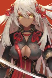 Rule 34 | 1girl, breasts, cleavage cutout, clothing cutout, dark-skinned female, dark skin, fate/grand order, fate (series), high collar, large breasts, long hair, okita souji (fate), okita souji (koha-ace), okita souji alter (fate), saihate (d3), solo, tassel, white hair, yellow eyes