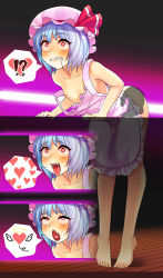 Rule 34 | !?, 1girl, ahegao, apron, barefoot, bent over, blue hair, blush, bow, breasts, collarbone, commentary request, drooling, fingering, halo, hat, hat bow, heart, heart-shaped pupils, implied fingering, mob cap, naked apron, nipples, pink apron, pink hat, red bow, red eyes, remilia scarlet, saliva, short hair, small breasts, solo focus, speech bubble, spoken heart, spoken interrobang, symbol-shaped pupils, tarmo, tiptoes, tongue, tongue out, touhou