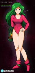 Rule 34 | 1girl, arm cannon, breasts, cleavage, collarbone, full body, green eyes, green hair, hand on own hip, highleg, highleg leotard, highres, justin bailey, lenox, leotard, long hair, long legs, looking to the side, metroid, metroid (classic), navel, nintendo, red leotard, samus aran, shoes, solo, standing, twitter username, weapon