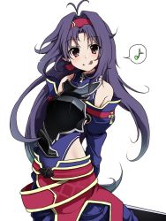 Rule 34 | 10s, 1girl, :q, armor, breastplate, hairband, kigiri, leotard, long hair, musical note, pointy ears, purple hair, quaver, red eyes, simple background, solo, speech bubble, spoken musical note, sword art online, tongue, tongue out, white background, yuuki (sao)