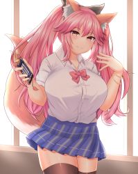 Rule 34 | 1girl, absurdres, animal ear fluff, animal ears, black ribbon, black thighhighs, blue skirt, blush, breasts, cellphone, collarbone, commentary, fang, fate/extra, fate/grand order, fate (series), fox ears, fox girl, fox tail, gameplay mechanics, hair ribbon, highres, indoors, jifuwabe, large breasts, looking at viewer, phone, pink hair, pleated skirt, ribbon, school uniform, shirt, skirt, smartphone, solo, tail, tamamo (fate), tamamo no mae (fate/extra), thighhighs, twintails, yellow eyes, zettai ryouiki
