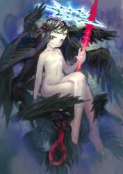 Rule 34 | + +, 1girl, black eyes, black hair, black wings, bright pupils, completely nude, crossed legs, crown of thorns, feathered wings, flat chest, full body, halo, highres, holding, holding polearm, holding weapon, jonpei, long hair, multiple wings, nude, original, pale skin, polearm, sitting, smile, solo, spear, weapon, white pupils, wings