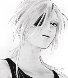 Rule 34 | 1boy, black tank top, chainsaw man, eyepatch, female focus, greyscale, gxlx 2ji, highres, long hair, looking at viewer, monochrome, ponytail, quanxi (chainsaw man), simple background, solo, tank top, white background, white hair