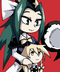 Rule 34 | 2girls, apron, behind another, black vest, blonde hair, blue capelet, blue vest, bow, bowtie, braid, capelet, commentary, commentary request, english commentary, expressionless, green eyes, green hair, hair ribbon, hand on another&#039;s shoulder, hat, unworn headwear, high collar, kirisame marisa, light smile, long hair, long sleeves, looking at another, looking down, looking up, mima (touhou), multiple girls, red background, ribbon, setz, simple background, single braid, standing, star (symbol), touhou, touhou (pc-98), tress ribbon, upper body, very long hair, vest, waist apron, wizard hat, yellow eyes, yellow neckwear