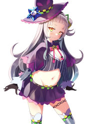 Rule 34 | &gt;:), 1girl, absurdres, bad id, bad pixiv id, black capelet, black gloves, black headwear, black skirt, blunt bangs, blush, bow, bowtie, capelet, closed mouth, cowboy shot, cropped shirt, gloves, grey shirt, groin, hair bun, hair ornament, hairband, hat, highres, hololive, kage (ka 9e 4su), long hair, long sleeves, looking at viewer, lowleg, lowleg skirt, microskirt, midriff, murasaki shion, murasaki shion (1st costume), navel, pink bow, pink bowtie, pinstripe pattern, pinstripe shirt, purple capelet, shirt, short eyebrows, side bun, sidelocks, silver hair, simple background, single side bun, skirt, smile, solo, stomach, striped clothes, striped shirt, striped thighhighs, thighhighs, thighlet, tilted headwear, v-shaped eyebrows, vertical-striped clothes, vertical-striped shirt, vertical-striped thighhighs, virtual youtuber, white background, witch, witch hat, yellow eyes