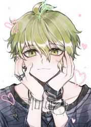 Rule 34 | 1boy, ahoge, amami rantaro, antenna hair, blonde hair, blush, closed mouth, collarbone, commentary, danganronpa (series), danganronpa v3: killing harmony, green eyes, green hair, hair between eyes, hands on own cheeks, hands on own face, hands up, heart, jewelry, long sleeves, looking at viewer, male focus, necklace, portrait, raonal97, ring, short hair, simple background, smile, solo, symbol-only commentary, translation request, upper body, white background