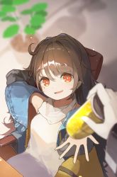 Rule 34 | 1girl, 1other, absurdres, ahoge, arm behind head, brown hair, c-ms (girls&#039; frontline), can, commentary request, commission, dress, drink, drink can, girls&#039; frontline, giving, harufude, highres, jacket, long hair, looking at viewer, open mouth, red eyes, skeb commission, sleeveless, sleeveless dress, smile, soda can, upper body, white dress