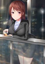 Rule 34 | 1girl, absurdres, alternate costume, black jacket, breasts, brown hair, collared shirt, cowboy shot, cup, drinking glass, formal, highres, holding, holding cup, idolmaster, idolmaster cinderella girls, jacket, large breasts, long hair, looking at viewer, mifune miyu, office lady, red eyes, shirt, skirt, skirt suit, smile, solo, suit, swept bangs, white shirt, yigra don