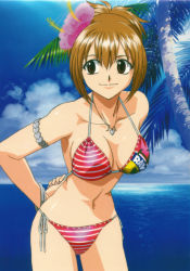 Rule 34 | 00s, 1girl, adjusting clothes, adjusting swimsuit, bare shoulders, bikini, blue sky, bracelet, breasts, brown eyes, brown hair, cleavage, closed mouth, cloud, cowboy shot, elie, female focus, flower, folded ponytail, groin, hair between eyes, hair flower, hair ornament, happy, highres, hip focus, jewelry, large breasts, legs, looking at viewer, nail polish, nature, navel, necklace, ocean, outdoors, palm tree, plant, ponytail, rave, short hair, short ponytail, sky, smile, solo, standing, string bikini, swimsuit, thighs, tree, water