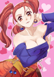 Rule 34 | 1girl, 34 (sanjushi), absurdres, arm under breasts, bare shoulders, breasts, brown eyes, brown hair, cleavage, collarbone, dragon quest, dragon quest viii, dress, earrings, highres, jessica albert, jewelry, large breasts, long hair, looking at viewer, open mouth, purple shirt, shirt, solo, twintails