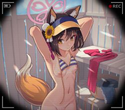 Rule 34 | 1girl, animal ear fluff, animal ears, armpits, arms behind head, battery indicator, bikini, blue archive, breasts, brown hair, denim, denim shorts, fox ears, fox girl, fox tail, halo, izuna (blue archive), izuna (swimsuit) (blue archive), navel, nipples, peeking, recording, scarf, short hair, shorts, small breasts, solo, special cat, striped bikini, striped clothes, swimsuit, tail, tan, tanline, untied bikini, viewfinder, visor cap, voyeurism, yellow eyes