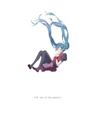 Rule 34 | 1/6 -out of the gravity- (vocaloid), 1girl, ^ ^, black thighhighs, closed eyes, closed mouth, copyright name, floating hair, full body, hatsune miku, highres, holding, knees together feet apart, knees up, long hair, lying, on back, panties, pantyshot, puffy short sleeves, puffy sleeves, short sleeves, sidelocks, simple background, smile, solo, song name, spencer sais, thighhighs, twintails, underwear, very long hair, vocaloid, white background, white panties