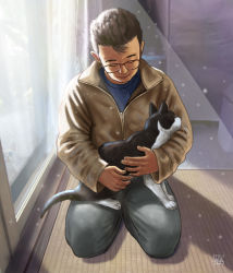 Rule 34 | 1boy, animal, artist self-insert, black hair, brown jacket, cat, closed mouth, commentary request, dated, denim, full body, glasses, highres, holding, holding animal, holding cat, indoors, jacket, jeans, light particles, long sleeves, male focus, matataku, monita (matataku), original, pants, seiza, shadow, short hair, signature, sitting, smile, surprised cat (matataku), torn clothes, torn jeans, torn pants, window, window shadow