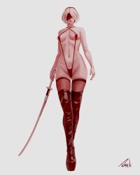Rule 34 | 1girl, absurdres, black blindfold, black footwear, black nails, blindfold, bob cut, boots, breasts, closed mouth, daek64, facing viewer, grey background, headband, high heel boots, high heels, highres, holding, holding sword, holding weapon, katana, medium breasts, nail polish, navel, nier:automata, nier (series), short hair, signature, simple background, singlet, solo, standing, stomach, sword, thigh boots, weapon, 2b (nier:automata)