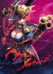 Rule 34 | 1girl, alternate costume, alternate hairstyle, armor, blue eyes, boots, braid, breasts, captain fortune, character name, cleavage, cleavage cutout, clothing cutout, dual wielding, female focus, from above, gun, hair over one eye, hat, highres, holding, kamome yuu, large breasts, league of legends, long hair, looking at viewer, open mouth, pirate costume, pirate hat, red hair, miss fortune (league of legends), shoulder armor, single braid, solo, pauldrons, weapon