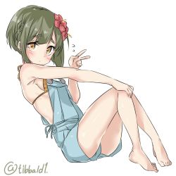 Rule 34 | 10s, 1girl, alternate costume, armpits, bad id, bad twitter id, bare arms, bare legs, bare shoulders, barefoot, bikini, blue ribbon, blush, breasts, brown eyes, ebifurya, eyebrows, flower, flying sweatdrops, full body, green hair, hair flower, hair ornament, hand on own knee, hand up, highres, inactive account, kantai collection, looking at viewer, overalls, ribbon, short hair, short hair with long locks, sideboob, simple background, sitting, small breasts, solo, swimsuit, takanami (kancolle), twitter username, v, white background