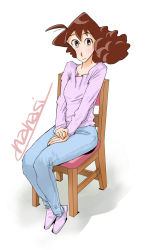 Rule 34 | 1girl, ahoge, artist name, blue pants, blush, brown eyes, brown hair, chair, crayon shin-chan, denim, full body, hand on lap, jeans, legs together, long sleeves, looking at viewer, nanasi-nanasi, nohara misae, pants, pink footwear, pink sweater, shoes, simple background, solo, sweater, v arms, white background