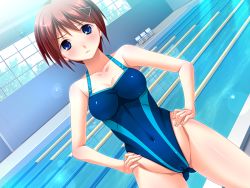 Rule 34 | 1girl, aneimo neo + second sister, bare shoulders, blue eyes, blush, breasts, brown hair, cameltoe, cleavage, game cg, hair ornament, hairclip, hands on own hips, large breasts, legs, looking at viewer, navel, pool, shinonome kazuhiko, short hair, standing, swimsuit, thighs, water