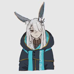 Rule 34 | 1girl, alternate universe, animal ear fluff, animal ears, arknights, black jacket, brown sweater, clothes writing, cropped torso, ear ornament, frostnova (arknights), grey eyes, grey hair, hair ornament, hair over one eye, hairclip, hood, hood down, hooded jacket, jacket, long hair, looking at viewer, one eye covered, rabbit ears, rabbit girl, ribbed sweater, ruozhe, scar, scar on face, scar on nose, simple background, solo, sweater, upper body, white background