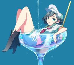 Rule 34 | 1girl, air bubble, anchor symbol, aqua background, black footwear, black hair, boots, breasts, bubble, cup, dated, drinking glass, full body, green eyes, green sailor collar, hat, highres, hishaku, in container, in cup, knees up, looking at viewer, lying, medium breasts, midriff peek, mini person, minigirl, murasa minamitsu, neckerchief, on back, orb, parted lips, red neckerchief, sailor, sailor collar, sailor hat, shirt, short hair, short sleeves, shorts, signature, simple background, smile, solo, tami (joemanyodw), touhou, water, white shirt, white shorts
