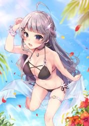Rule 34 | 1girl, ahoge, arm up, bikini, black bikini, blue sky, blunt bangs, blurry, blurry foreground, blush, breasts, choker, cleavage, day, flower, hair ornament, hibiscus, highres, jewelry, large breasts, leaning forward, long hair, looking at viewer, momoirone, original, outdoors, pendant, petals, purple eyes, purple hair, see-through, sky, solo, swimsuit, thigh strap, water