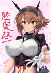 Rule 34 | 1girl, black jacket, breasts, brown hair, capelet, chain, cleavage, collar, flipped hair, gloves, gradient background, green eyes, grin, hair between eyes, headgear, highres, impossible clothes, jacket, kantai collection, kuga zankurou, large breasts, looking at viewer, metal collar, midriff, mutsu (kancolle), mutsu kai ni (kancolle), petals, pink background, short hair, smile, solo, teeth, twitter username, upper body, white gloves