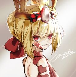 Rule 34 | 1girl, artist name, blonde hair, bow, crown, fate/grand order, fate (series), from side, gem, grey background, hair bun, highres, looking at viewer, miyaka (58305841), nero claudius (fate), nero claudius (fate) (all), queen draco (fate), queen draco (first ascension) (fate), red bow, red eyes, red gemstone, red ribbon, ribbon, signature, simple background, solo, upper body