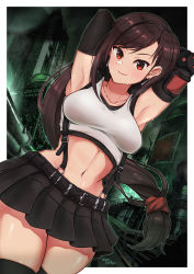 Rule 34 | 1girl, abs, armpits, arms behind head, artist name, belt, breasts, brown hair, cowboy shot, crop top, earrings, elbow gloves, final fantasy, final fantasy vii, gloves, highres, jewelry, long hair, midriff, navel, pencil skirt, red eyes, skirt, solo, suspenders, sweatdrop, tank top, thick thighs, thighhighs, thighs, tifa lockhart, wata ridley, zettai ryouiki