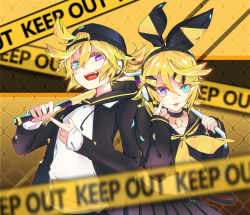 Rule 34 | 1boy, 1girl, :3, :d, :p, akanbe, antenna hair, backwards hat, baseball bat, baseball cap, black bow, black choker, black hoodie, black sailor collar, black serafuku, blonde hair, blue eyes, bow, brother and sister, caution tape, chain-link fence, choker, collarbone, commentary, cowboy shot, drawstring, eyelid pull, fence, hair bow, hair ornament, hairclip, hat, headphones, heterochromia, highres, holding, holding baseball bat, holding smoking pipe, hood, hooded jacket, hoodie, industrial pipe, jacket, kagamine len, kagamine rin, keep out, long sleeves, looking at viewer, middle finger, midriff, navel, neckerchief, open mouth, pleated skirt, pocket, purple eyes, rettou joutou (vocaloid), sailor collar, school uniform, serafuku, short hair, short ponytail, siblings, skirt, sleeves past wrists, smile, smoking pipe, standing, strap, teeth, tongue, tongue out, turn zhuan, twins, vocaloid, yellow background, yellow neckerchief