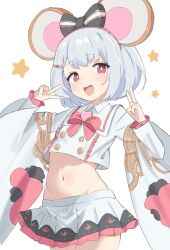 Rule 34 | 1girl, :d, absurdres, animal ears, black bow, bow, double v, granblue fantasy, grey hair, hair bow, highres, looking at viewer, midriff, mouse ears, mouse girl, navel, open mouth, qusouzu mogari, red eyes, short hair, simple background, skirt, smile, solo, star (symbol), teeth, thighs, upper teeth only, v, vikala (granblue fantasy), white background, white skirt, white sleeves, wide sleeves