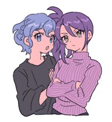 Rule 34 | 2girls, black shirt, blue eyes, blue hair, closed mouth, cropped torso, crossed arms, dorothy west, hair between eyes, hand on another&#039;s arm, hand up, long hair, long sleeves, looking at viewer, multiple girls, open mouth, pink sweater, pretty series, pripara, purple hair, rituyama1, shirt, short hair, side ponytail, simple background, sweater, toudou shion, turtleneck, turtleneck sweater, upper body, white background, yellow eyes