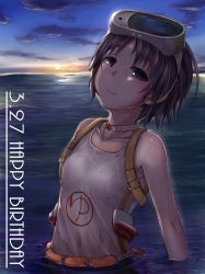 Rule 34 | 10s, 1girl, absurdres, black hair, breasts, dated, diving mask, diving mask on head, goggles, goggles on head, happy birthday, highres, in water, kantai collection, madaka ken, maru-yu (kancolle), one-piece swimsuit, outdoors, revision, school swimsuit, short hair, small breasts, solo, sunset, swimsuit, white school swimsuit, white one-piece swimsuit