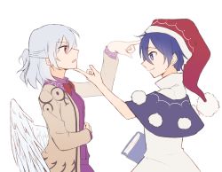 Rule 34 | 2girls, angel wings, beige jacket, black capelet, blue eyes, blue hair, blush, book, bow, bowtie, braid, capelet, chinese commentary, closed mouth, clothes pull, collared dress, commentary request, doremy sweet, dress, feathered wings, finger to head, french braid, from side, grabbing another&#039;s chin, hair between eyes, half updo, hand on another&#039;s chin, hat, highres, holding, holding book, idaku, kishin sagume, long sleeves, looking at another, multiple girls, pom pom (clothes), purple dress, red bow, red bowtie, short hair, short sleeves, silver hair, simple background, single wing, smile, standing, tail, tapir tail, touhou, white background, white dress, wing collar, wings
