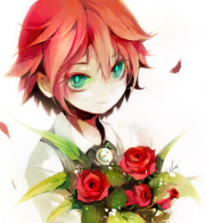 Rule 34 | 1boy, bouquet, close-up, flower, green eyes, inazuma eleven, inazuma eleven (series), inpells, kiyama hiroto, male focus, petals, red flower, red hair, red rose, rose, short hair, simple background, smile, solo, vest, white background