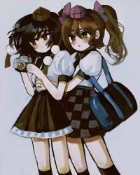 Rule 34 | 2girls, bag, black hair, black skirt, blush, bow, brown hair, camera, checkered clothes, checkered skirt, commentary request, feet out of frame, film grain, from side, grey background, hair bow, hat, hell0120, high ponytail, highres, himekaidou hatate, holding, holding camera, hug, hug from behind, looking at another, medium hair, medium skirt, multiple girls, muted color, neck ribbon, no wings, open mouth, pleated skirt, pom pom (clothes), ponytail, puffy short sleeves, puffy sleeves, purple bow, ribbon, shameimaru aya, shirt, short sleeves, shoulder bag, sideways glance, skirt, socks, standing, tassel, tokin hat, touhou, white shirt, white socks