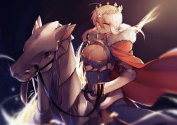 Rule 34 | 1girl, absurdres, armor, artoria pendragon (fate), artoria pendragon (lancer) (fate), black dress, blonde hair, blue eyes, blurry, braid, breasts, cleavage, cloak, closed mouth, crown, depth of field, dress, dun stallion (fate), fate/grand order, fate (series), french braid, fur trim, gauntlets, highres, horse, horseback riding, large breasts, long hair, looking at viewer, riding, serious, sidelocks, solo, yorukun