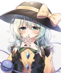 Rule 34 | 1girl, artist name, black hat, blouse, bow, covering own mouth, frilled shirt collar, frilled sleeves, frills, green eyes, green hair, hair between eyes, hat, hat bow, hat ribbon, heart, heart of string, highres, komeiji koishi, long sleeves, looking at viewer, pudding (skymint 028), ribbon, shirt, solo, third eye, touhou, wide sleeves, yellow bow, yellow ribbon, yellow shirt